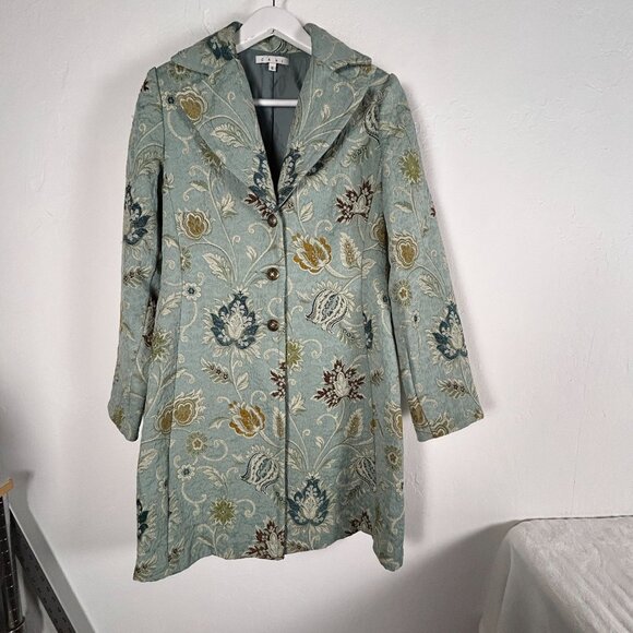 Cabi Womens Guinevere Tapestry Brocade Pea Coat Size 8 Jacquard Floral Blue - Picture 1 of 13